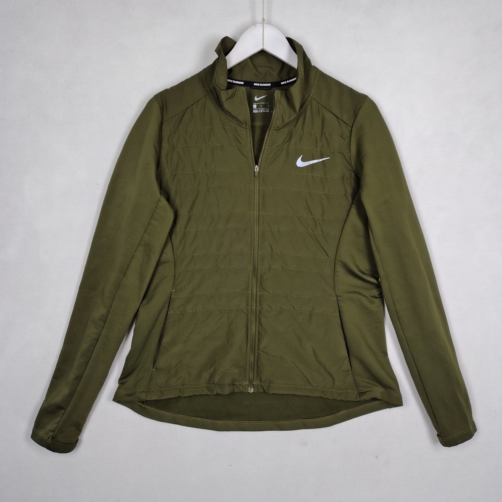 Nike Running Jacket Womens Large Olive Green Full Zip Quilted Puffer Aerolayer